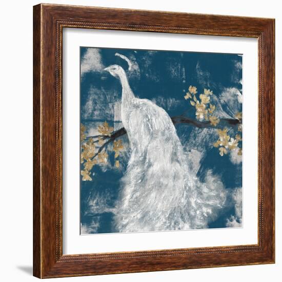 White Peacock on Indigo II-Jennifer Goldberger-Framed Art Print