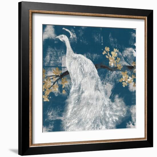 White Peacock on Indigo II-Jennifer Goldberger-Framed Art Print