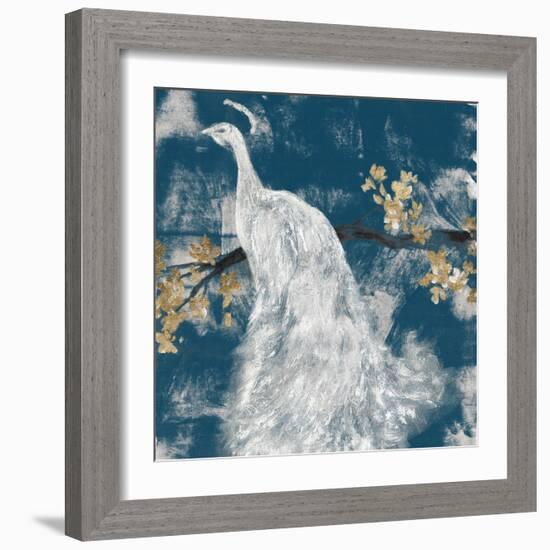 White Peacock on Indigo II-Jennifer Goldberger-Framed Art Print