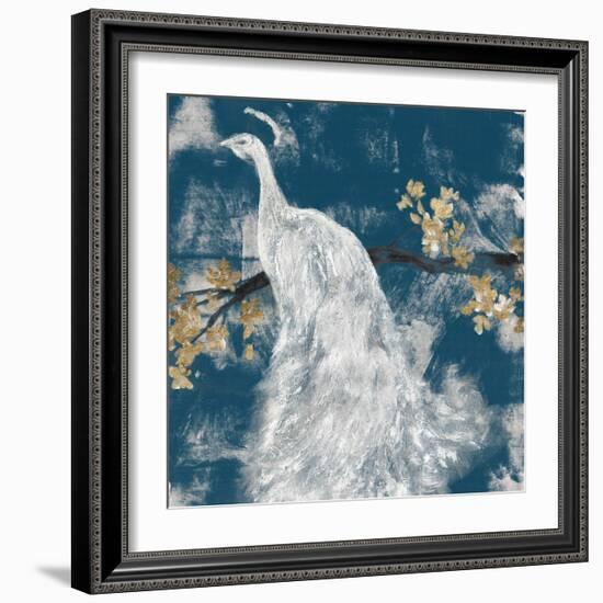 White Peacock on Indigo II-Jennifer Goldberger-Framed Art Print