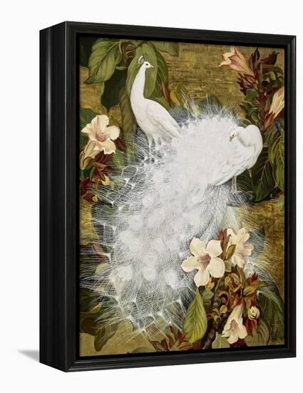 White Peacocks on Pink Hibiscus-Jesse Arms Botke-Framed Stretched Canvas