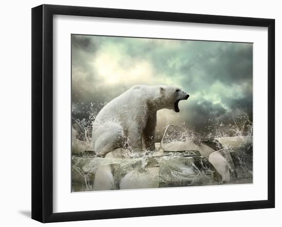 White Polar Bear Hunter on the Ice in Water Drops.-Andrey Yurlov-Framed Photographic Print