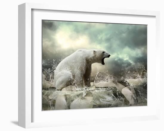 White Polar Bear Hunter on the Ice in Water Drops.-Andrey Yurlov-Framed Photographic Print