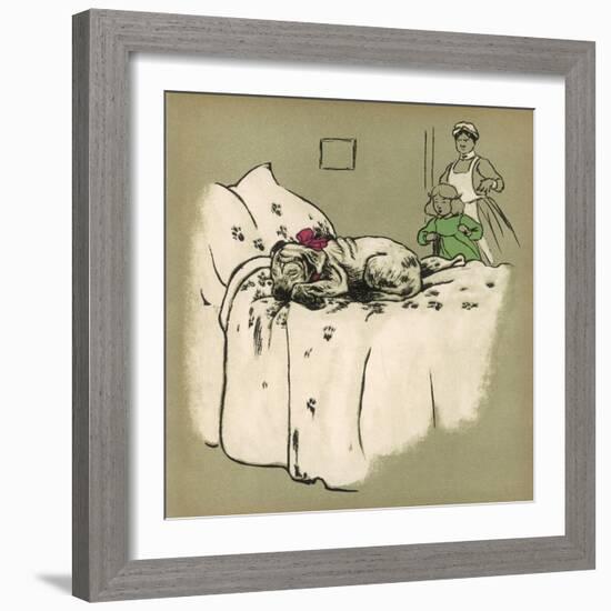 White Puppy Sleeps on a Bed-Cecil Aldin-Framed Art Print