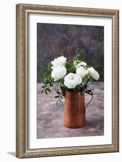 White Ranunculus Flowers Brown Background-Anna Pustynnikova-Framed Photographic Print