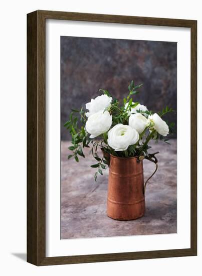 White Ranunculus Flowers Brown Background-Anna Pustynnikova-Framed Photographic Print