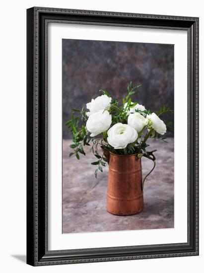 White Ranunculus Flowers Brown Background-Anna Pustynnikova-Framed Photographic Print