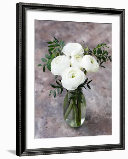 White Ranunculus Flowers in Vase Grey Background-Anna Pustynnikova-Framed Photographic Print