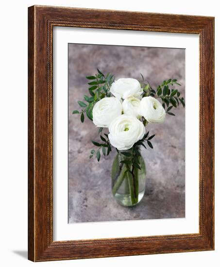 White Ranunculus Flowers in Vase Grey Background-Anna Pustynnikova-Framed Photographic Print