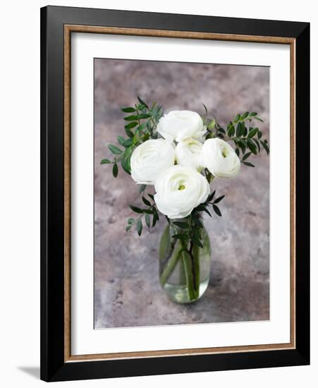 White Ranunculus Flowers in Vase Grey Background-Anna Pustynnikova-Framed Photographic Print