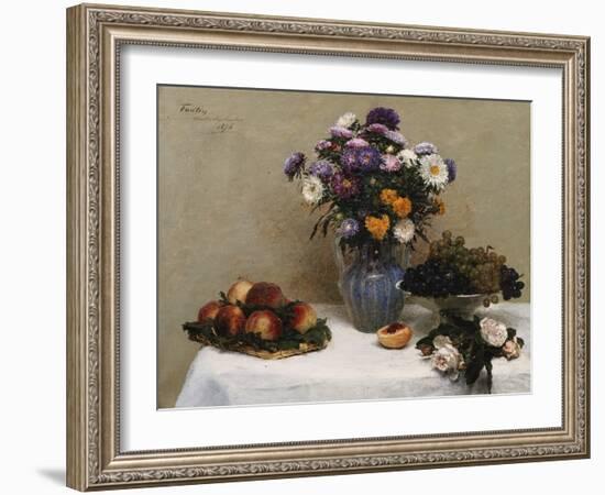 White Roses and Chrysanthemums in a Vase -Peaches and Grapes on a Table with a White Tablecloth;…-Henri Fantin-Latour-Framed Giclee Print