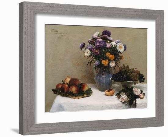 White Roses and Chrysanthemums in a Vase -Peaches and Grapes on a Table with a White Tablecloth;…-Henri Fantin-Latour-Framed Giclee Print