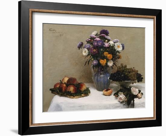 White Roses and Chrysanthemums in a Vase -Peaches and Grapes on a Table with a White Tablecloth;…-Henri Fantin-Latour-Framed Giclee Print