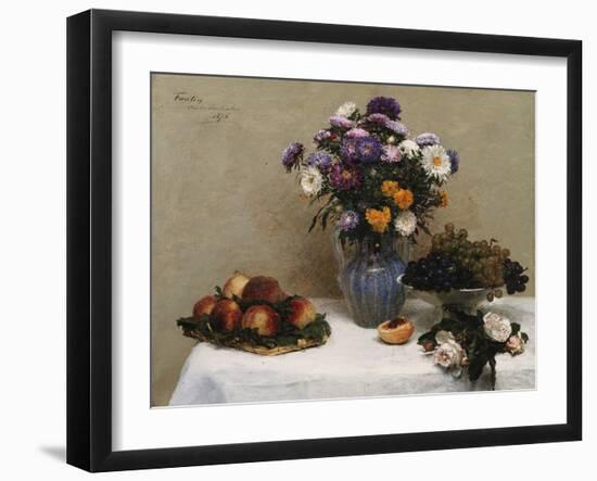 White Roses and Chrysanthemums in a Vase -Peaches and Grapes on a Table with a White Tablecloth;…-Henri Fantin-Latour-Framed Giclee Print