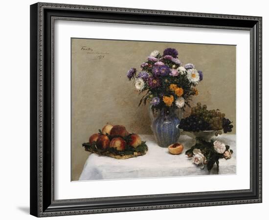 White Roses and Chrysanthemums in a Vase -Peaches and Grapes on a Table with a White Tablecloth;…-Henri Fantin-Latour-Framed Giclee Print