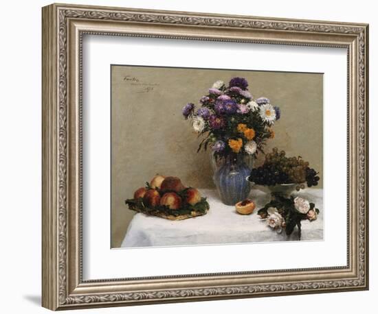 White Roses and Chrysanthemums in a Vase -Peaches and Grapes on a Table with a White Tablecloth;…-Henri Fantin-Latour-Framed Giclee Print