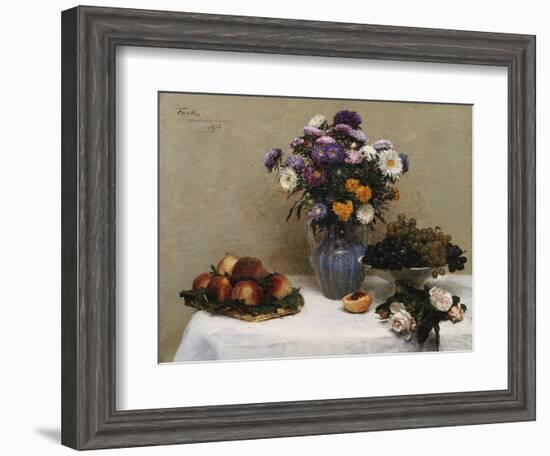 White Roses and Chrysanthemums in a Vase -Peaches and Grapes on a Table with a White Tablecloth;…-Henri Fantin-Latour-Framed Giclee Print