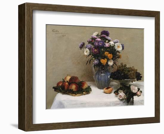 White Roses and Chrysanthemums in a Vase -Peaches and Grapes on a Table with a White Tablecloth;…-Henri Fantin-Latour-Framed Giclee Print