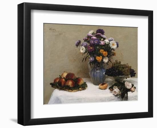 White Roses and Chrysanthemums in a Vase -Peaches and Grapes on a Table with a White Tablecloth;…-Henri Fantin-Latour-Framed Giclee Print