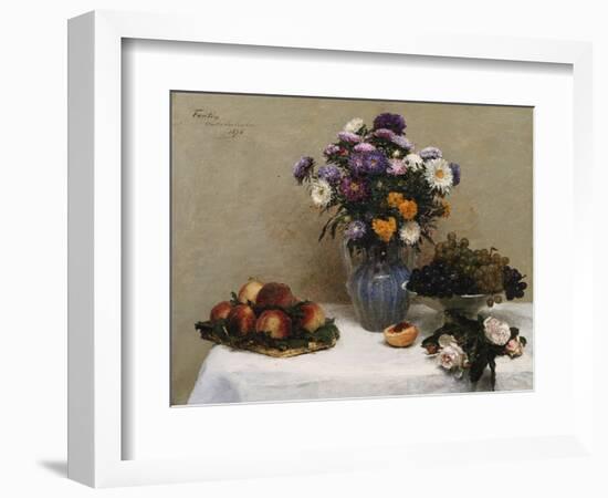 White Roses and Chrysanthemums in a Vase -Peaches and Grapes on a Table with a White Tablecloth;…-Henri Fantin-Latour-Framed Giclee Print