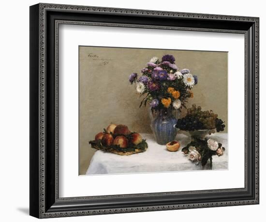 White Roses and Chrysanthemums in a Vase -Peaches and Grapes on a Table with a White Tablecloth;…-Henri Fantin-Latour-Framed Giclee Print