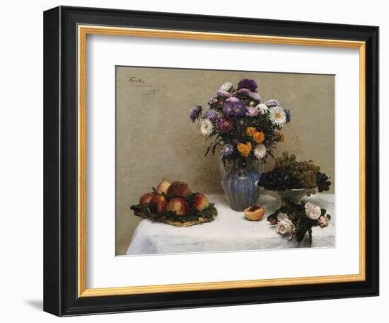 White Roses and Chrysanthemums in a Vase -Peaches and Grapes on a Table with a White Tablecloth;…-Henri Fantin-Latour-Framed Giclee Print