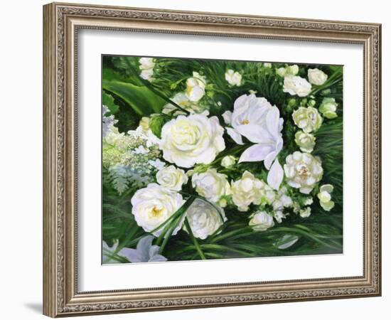 White Roses On A Green Background-balaikin2009-Framed Art Print