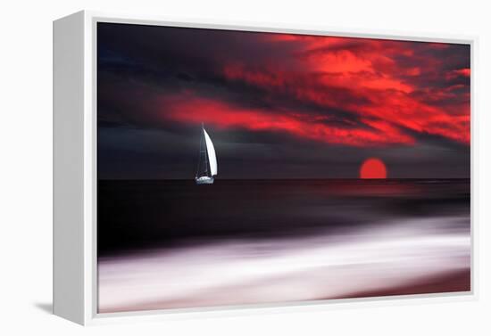 White sailboat and red sunset-Philippe Sainte-Laudy-Framed Premier Image Canvas