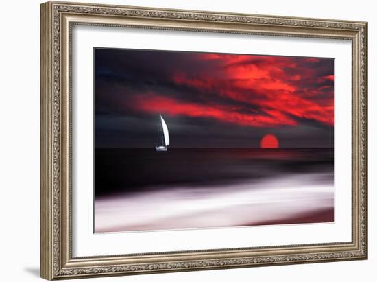 White sailboat and red sunset-Philippe Sainte-Laudy-Framed Photographic Print