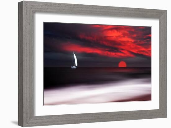 White sailboat and red sunset-Philippe Sainte-Laudy-Framed Photographic Print