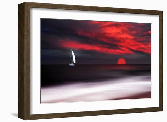 White sailboat and red sunset-Philippe Sainte-Laudy-Framed Photographic Print