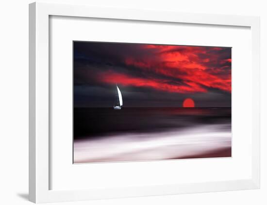 White sailboat and red sunset-Philippe Sainte-Laudy-Framed Photographic Print