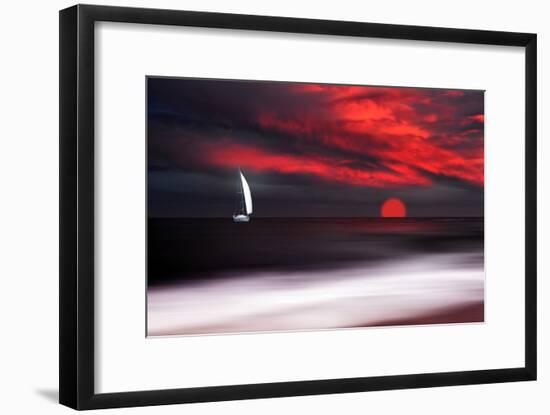 White sailboat and red sunset-Philippe Sainte-Laudy-Framed Photographic Print