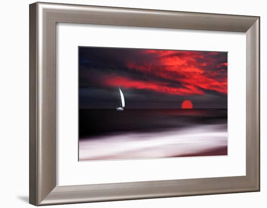 White sailboat and red sunset-Philippe Sainte-Laudy-Framed Photographic Print