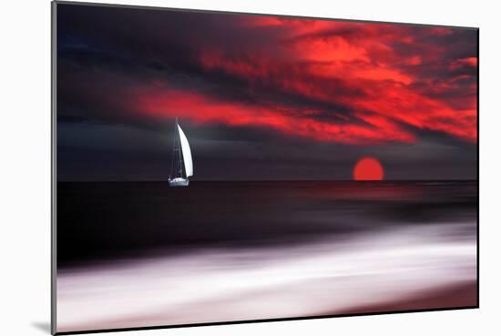 White sailboat and red sunset-Philippe Sainte-Laudy-Mounted Photographic Print