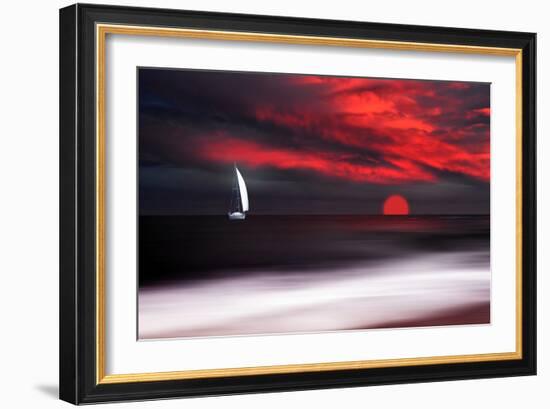 White sailboat and red sunset-Philippe Sainte-Laudy-Framed Photographic Print