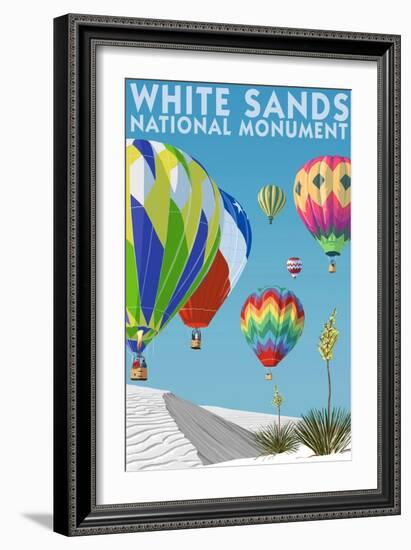 White Sands National Monument, New Mexico - Hot Air Balloons-Lantern Press-Framed Art Print