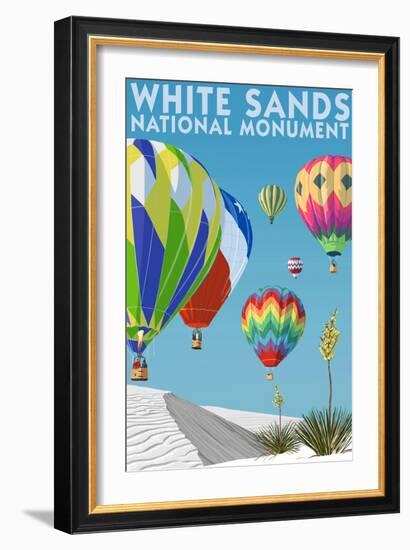 White Sands National Monument, New Mexico - Hot Air Balloons-Lantern Press-Framed Art Print