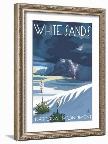 White Sands National Monument, New Mexico - Lightning Storm-Lantern Press-Framed Art Print