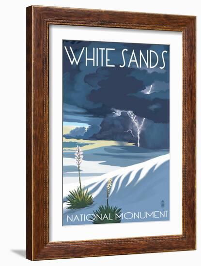 White Sands National Monument, New Mexico - Lightning Storm-Lantern Press-Framed Art Print