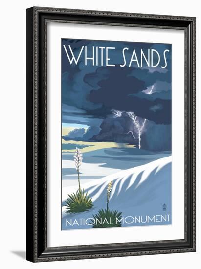 White Sands National Monument, New Mexico - Lightning Storm-Lantern Press-Framed Art Print