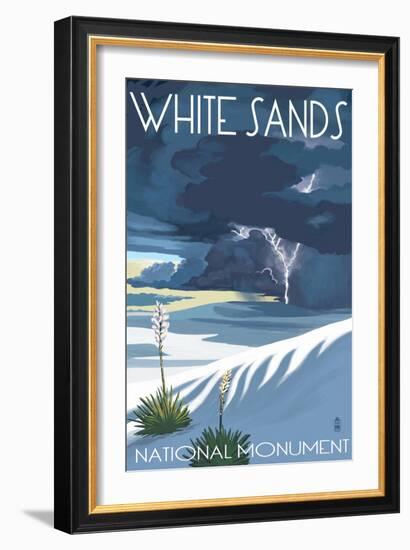 White Sands National Monument, New Mexico - Lightning Storm-Lantern Press-Framed Art Print