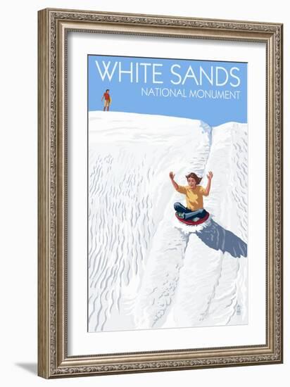 White Sands National Monument, New Mexico - Sledding on Sand-Lantern Press-Framed Premium Giclee Print