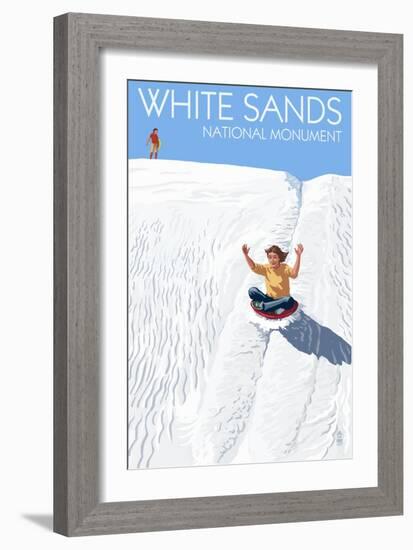 White Sands National Monument, New Mexico - Sledding on Sand-Lantern Press-Framed Premium Giclee Print