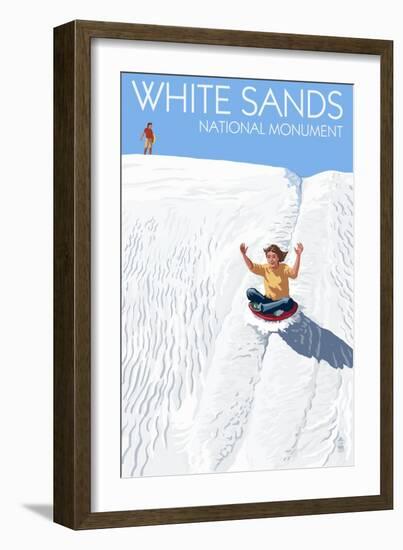 White Sands National Monument, New Mexico - Sledding on Sand-Lantern Press-Framed Premium Giclee Print