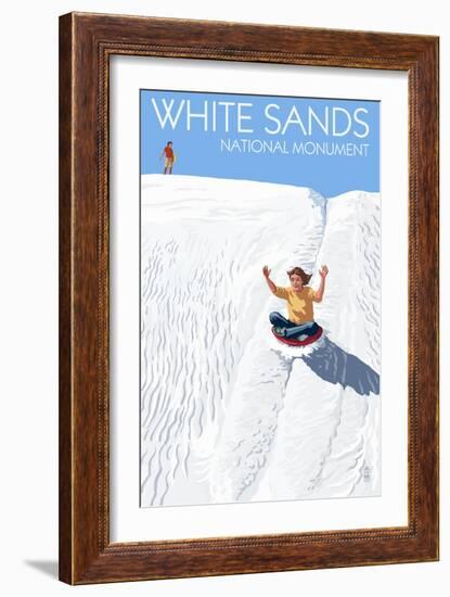 White Sands National Monument, New Mexico - Sledding on Sand-Lantern Press-Framed Premium Giclee Print