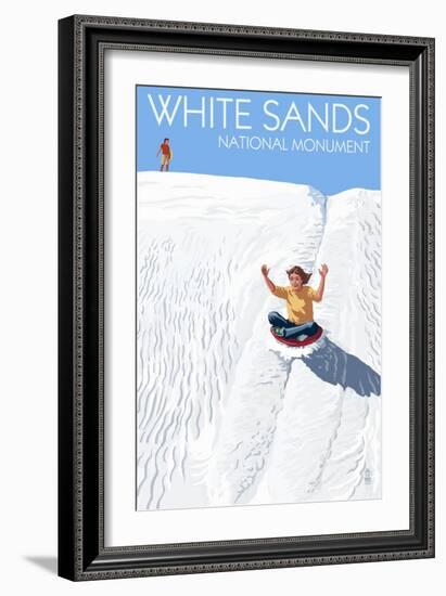 White Sands National Monument, New Mexico - Sledding on Sand-Lantern Press-Framed Premium Giclee Print