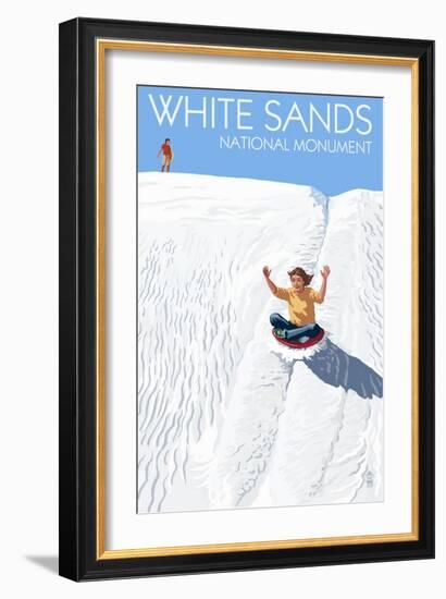 White Sands National Monument, New Mexico - Sledding on Sand-Lantern Press-Framed Premium Giclee Print