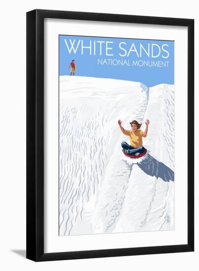 White Sands National Monument, New Mexico - Sledding on Sand-Lantern Press-Framed Art Print