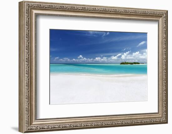 White sandy beach lagoon and island, The Maldives, Indian Ocean, Asia-Sakis Papadopoulos-Framed Photographic Print